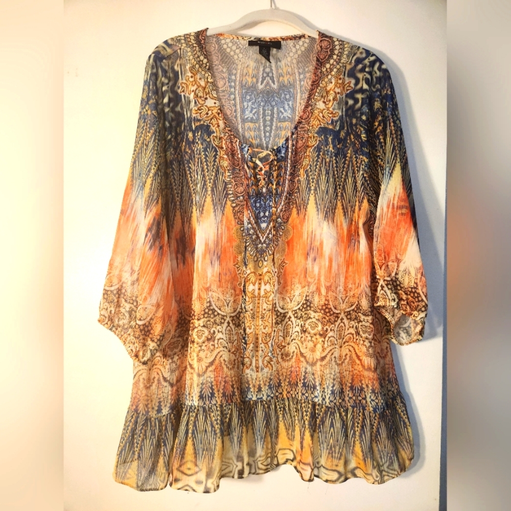Vibrant Blue and Orange 3/4 Sleeve Tunic